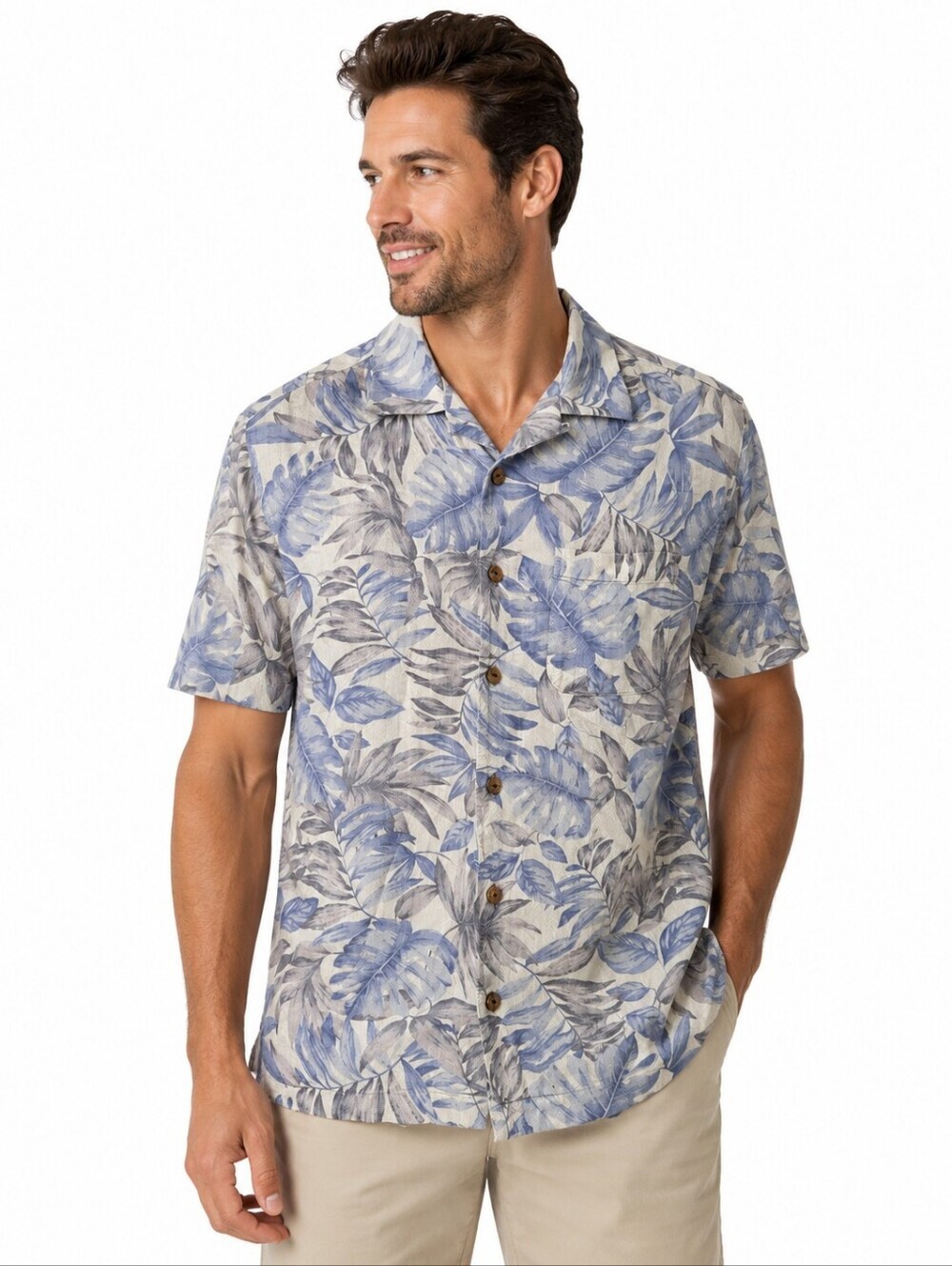 Caribbean MENS Silk Blend Camp Shirt blue gray tropical leaf print Size Medium